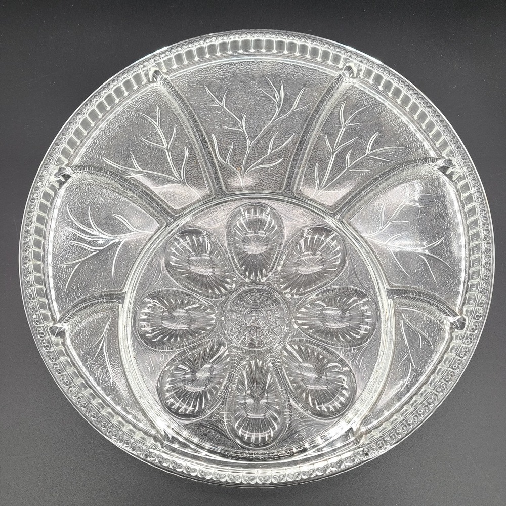 Vintage Indiana Glass 13" Pebble Leaf Clear Crystal Deviled Egg Appetizer Tray